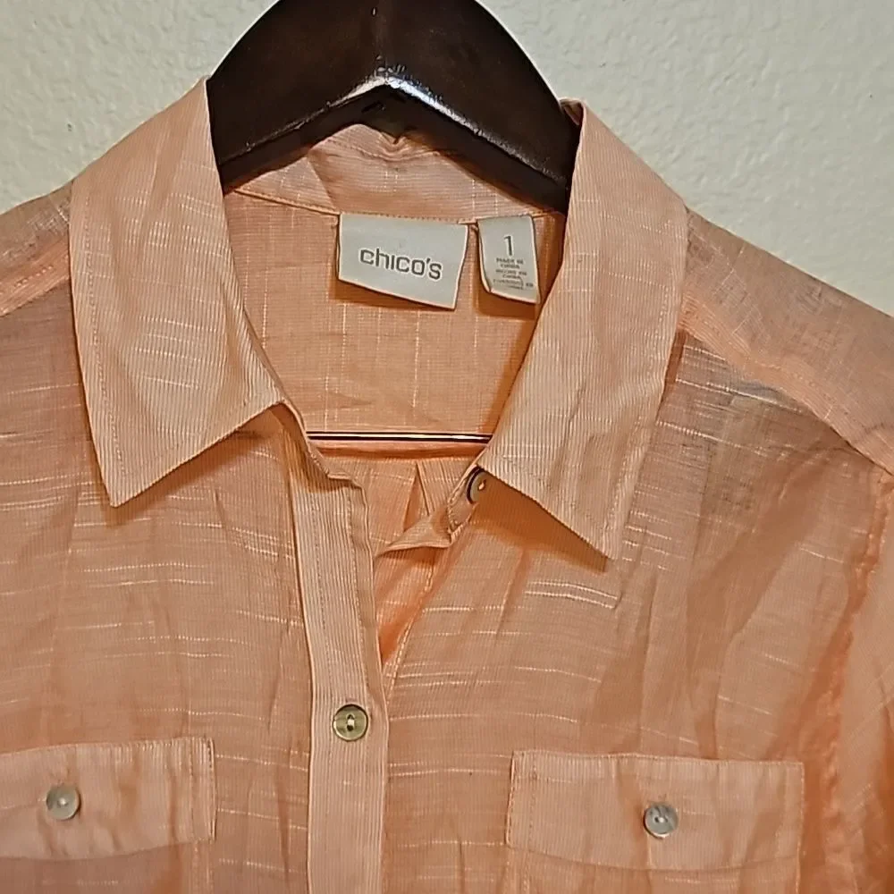 Chicos Womens Orange Blouse Sz 1 Large Roll Tab Sleeve Top Coastal Shirt